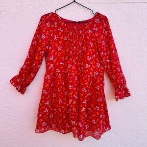 Free People Red Floral Smocked Puff Sleeve Mini Babydoll Chiffon Dress